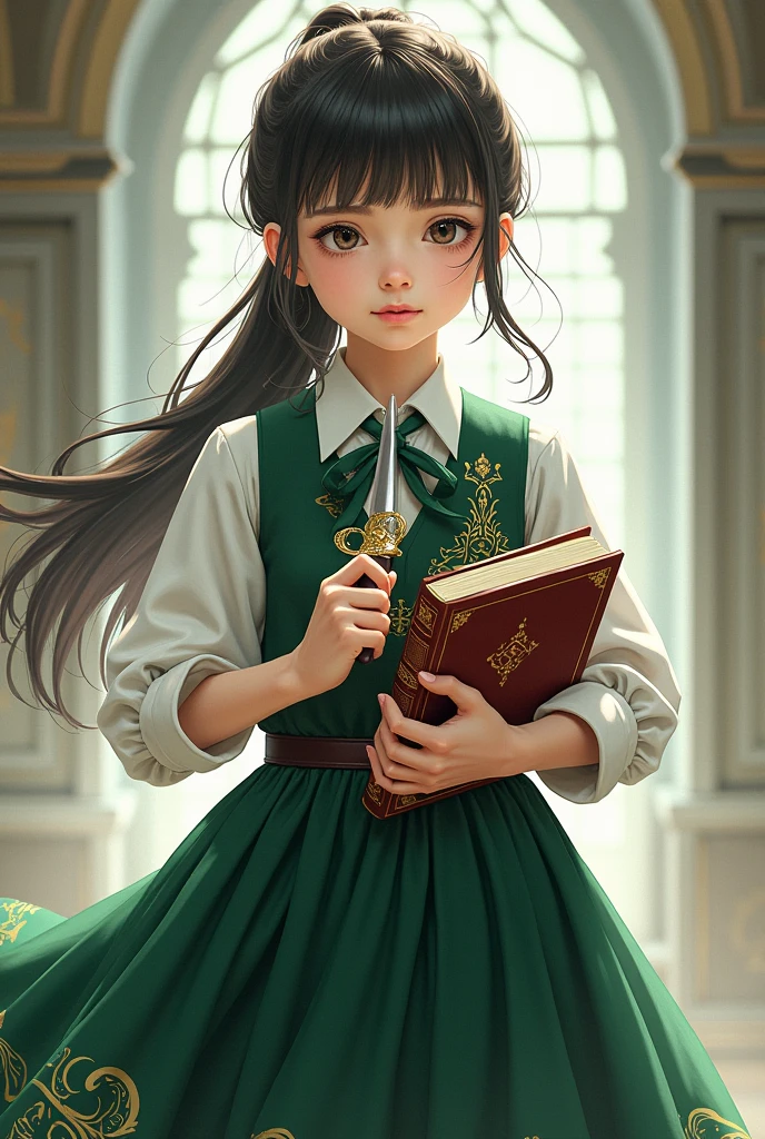 there is a girl holding a knife and a book in her hands, 1girl, magical school student uniform, magic school uniform, seifuku, ornate dark green clothing, dark green dress, white shirt and green skirt, girl wearing uniform, she wears a dark green dress, (ponytail forehead hair pulled back:1.3), from girls frontline, fine details. girls frontline, girls frontline universe, girls frontline style, girls frontline, girls frontline cg,