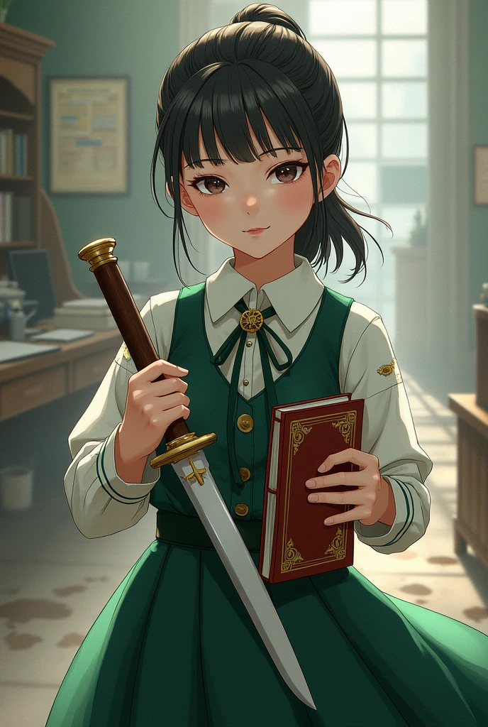 there is a girl holding a knife and a book in her hands, 1girl, magical school student uniform, magic school uniform, seifuku, ornate dark green clothing, dark green dress, white shirt and green skirt, girl wearing uniform, she wears a dark green dress, (ponytail forehead hair pulled back:1.3), from girls frontline, fine details. girls frontline, girls frontline universe, girls frontline style, girls frontline, girls frontline cg,