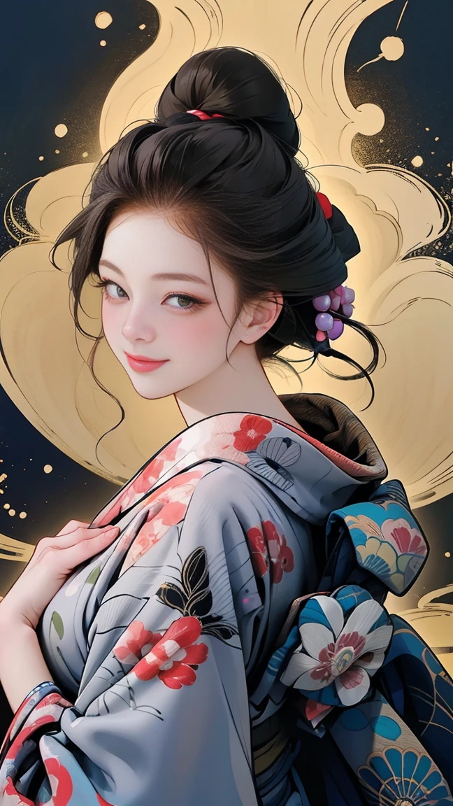 SeaArt creates stunning digital illustrations of beautiful women in kimono、A beautiful woman smiles and shows her upper white teeth、Vividly colored digital illustrations reminiscent of Ukiyo-e、Brown-black long hair、Beautiful full body style、If you want to dance, try the Tokyo Ondo~Yoiyoi、Yukata looks good too、Beautiful new digital paintings,、 Beautiful anime portraits、Detailed digital anime art in the background、Shrines and temples in Kyoto、