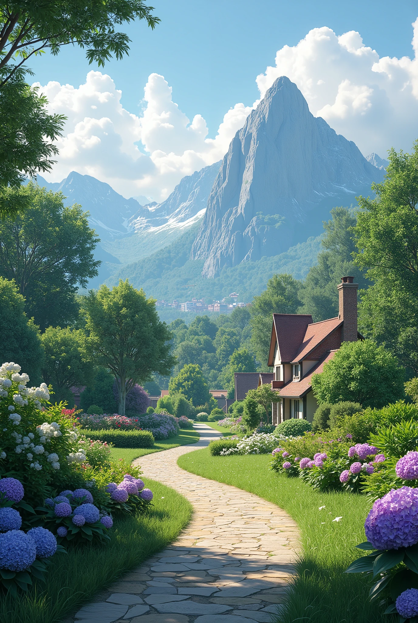 (ultra high res,photorealistic,best quality,photo-realistic),(8k,raw photo,best quality,masterplece),(photon mapping,radiosity,physically-based rendering,automatic white balance),real person,photograph,bridge, building, bush, city, cloud, day, door, fence, field,orest, garden, grass, house, hydrangea, mountain, nature, no_humans, outdoors, path, plant, potted_plant, purple_flower, road, scenery, sky, skyscraper, traditional_media, tree,