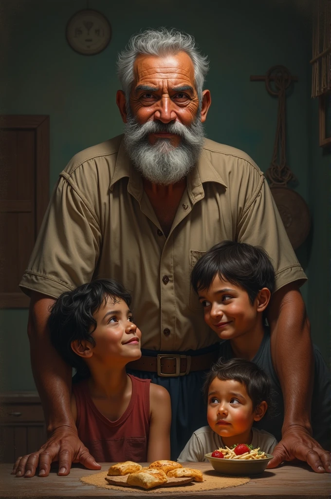 Picture of a father who is struggling for their children to feed them but doesn' show his struggle. But only smile infront of them