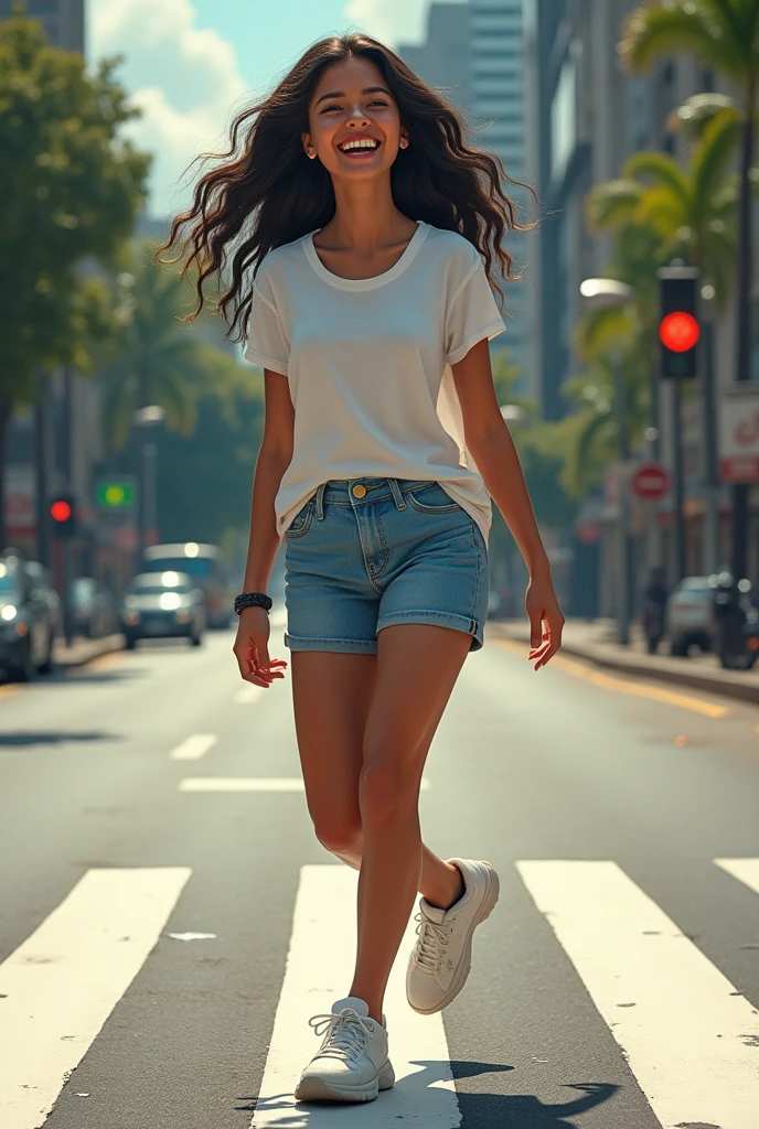 Happy laugh, standing in the distance, crossing the road on a zebra crossing lane, traffic signal, loose white tee-shirt, blue shorts, sports shoes, Tamil girl, (round face, glowing eyes, straight nose, glossy lips, textured skin, fair complexion, shiny hair, perfect 5 fingers, sexy thighs, seemy legs), intricate background detailing, HDR, hyper realistic, bird eye view
