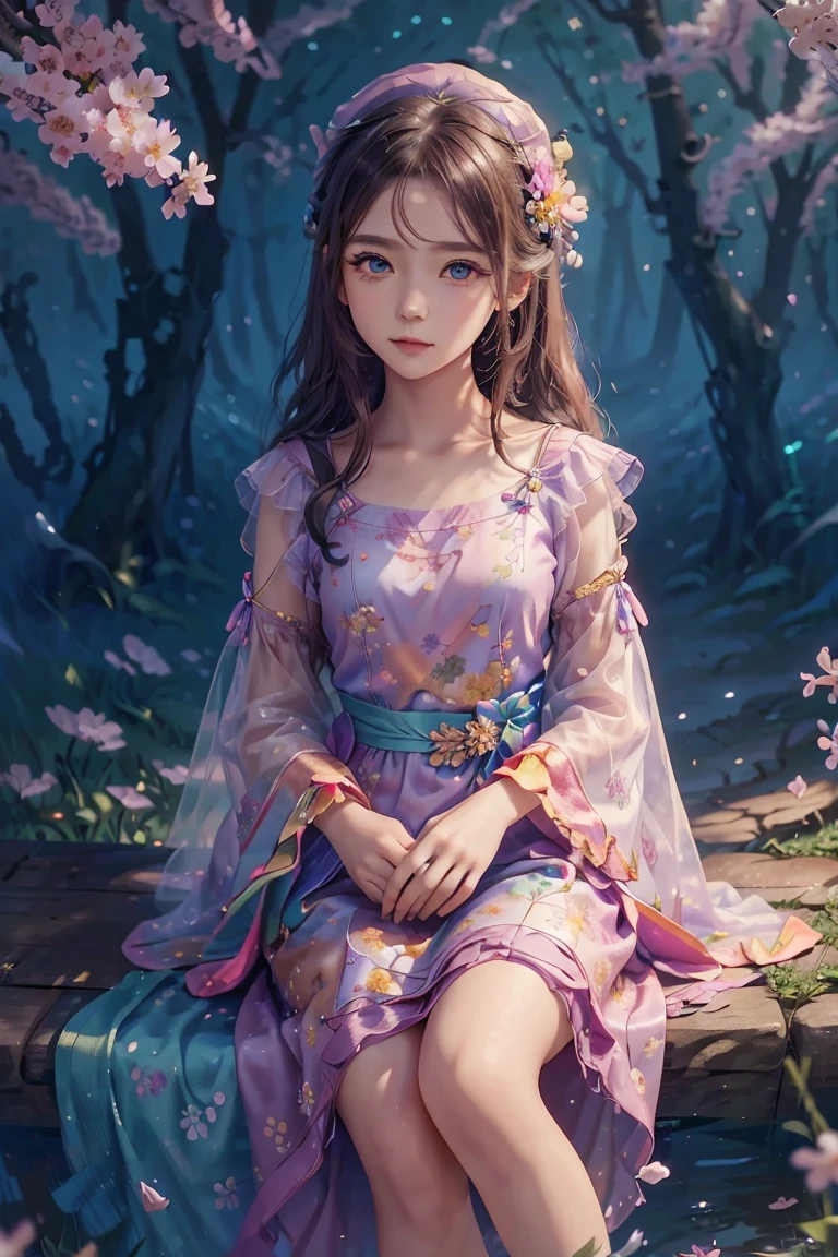 an animated character sitting near the sakura tree with a cat. warming tone color , mythology classy clothing ,flowers dress pattern , hat, flowers vine, wise colorful eyes, The background is fantsy sky, flowers, shining star, Happy feeling mood and tone.