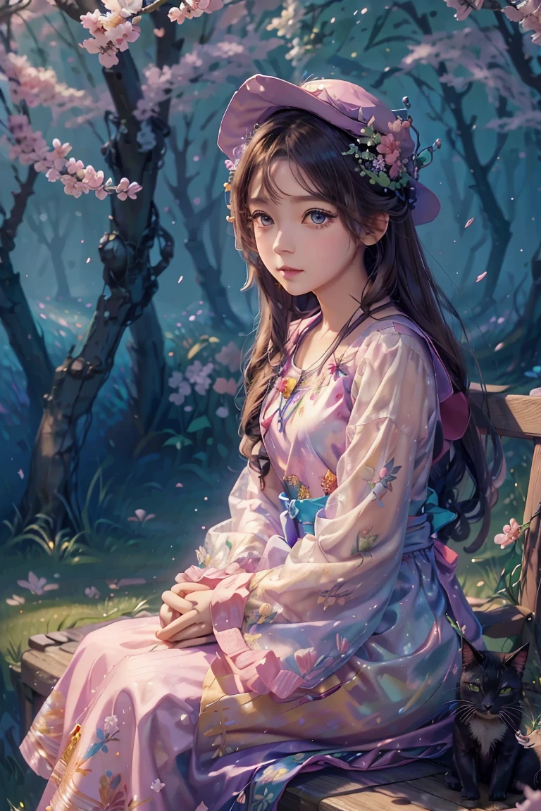 an animated character sitting near the sakura tree with a cat. warming tone color , mythology classy clothing ,flowers dress pattern , hat, flowers vine, wise colorful eyes, The background is fantsy sky, flowers, shining star, Happy feeling mood and tone.