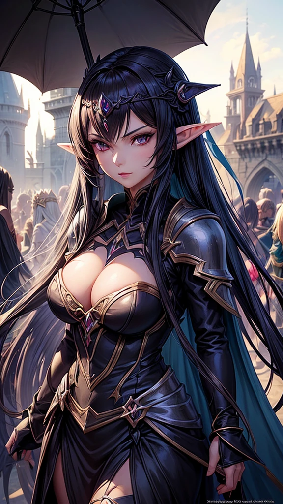 a close up of a woman with long hair wearing a costume, dark elf princess, alluring elf princess knight, beautiful dark elf countess, dark elf, detailed fantasy art, dark elf maiden, elf girl, shadowverse style, elf princess knight, 2. 5 d cgi anime fantasy artwork, anime fantasy artwork, detailed anime character art, elf queen, from lineage 2