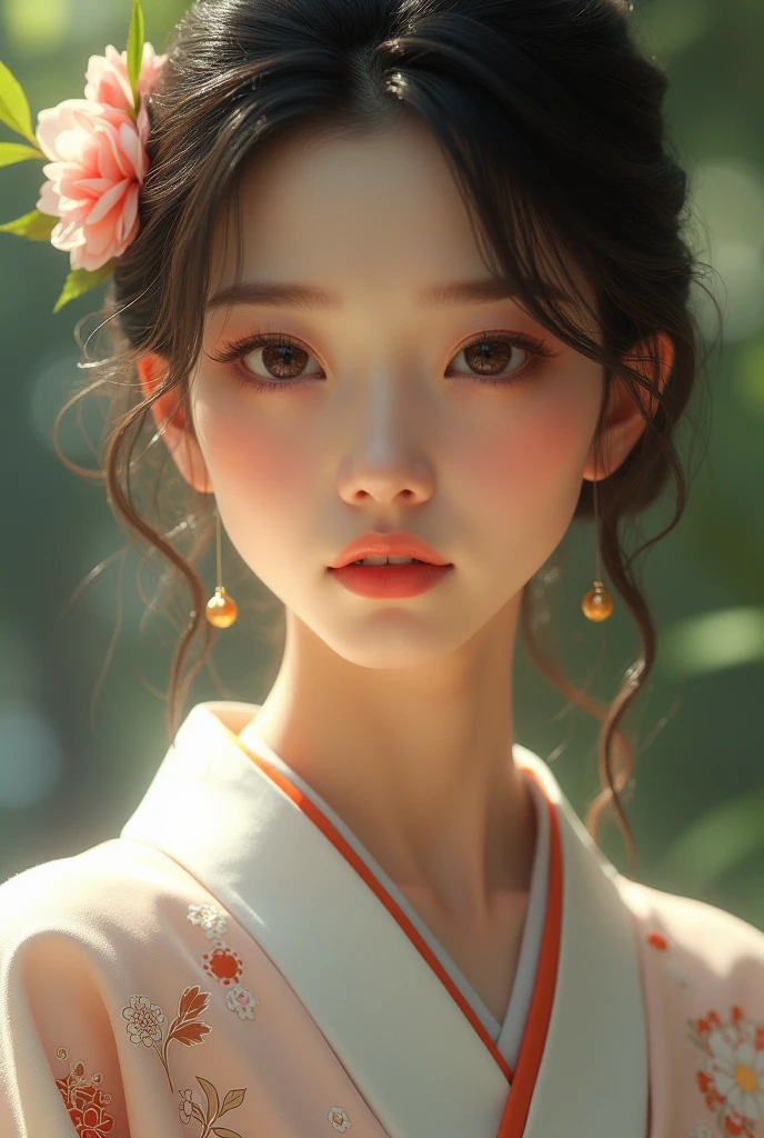 An elegantly dressed Japanese woman in natural light、A close-up of her chest and calm expression.、It shows her inner peace and outer charm.。