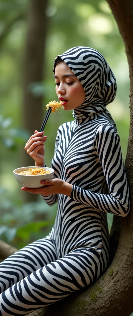 The beautiful,thin and clever asian muslimah adult girl with beautiful cheeks wears plains zebra print lycra footed turtleneck unitard catsuit covered with stripes and plains zebra print lycra elastane stretchy dancewear square hijab amira covered with stripes.She is hungry when she eats laksa on the tree.