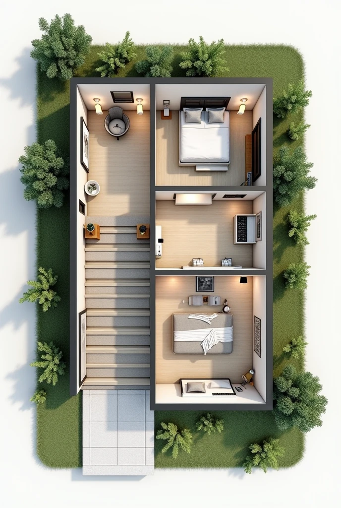 The house plan with an area of 120 meters has 1 bedroom, 1 bathroom, 1 prayer room, 1 dressing room, 1 staircase, 1 garage, 1 front garden, 1 back garden, 1 minimalist terrace, 1 living room.