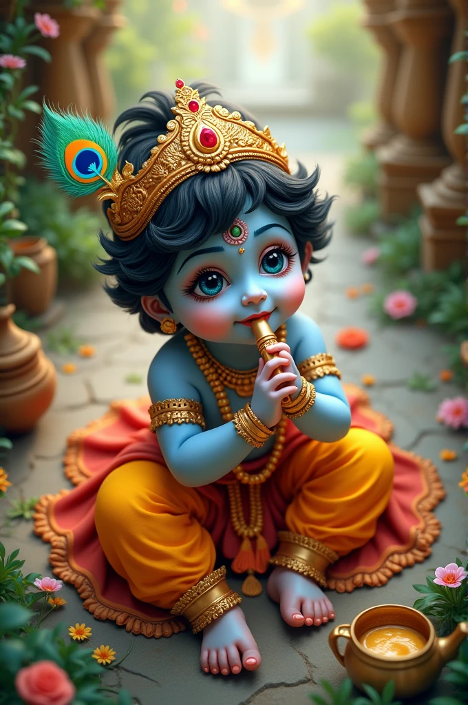 Generate an image of Little Krishna seen from a top-down perspective. Show him sitting or playing on the ground, with his signature peacock feather crown and vibrant attire. Ensure his face and key features, such as the flute or butter pot, are clearly visible from above, surrounded by a richly detailed background of lush greenery and divine elements.