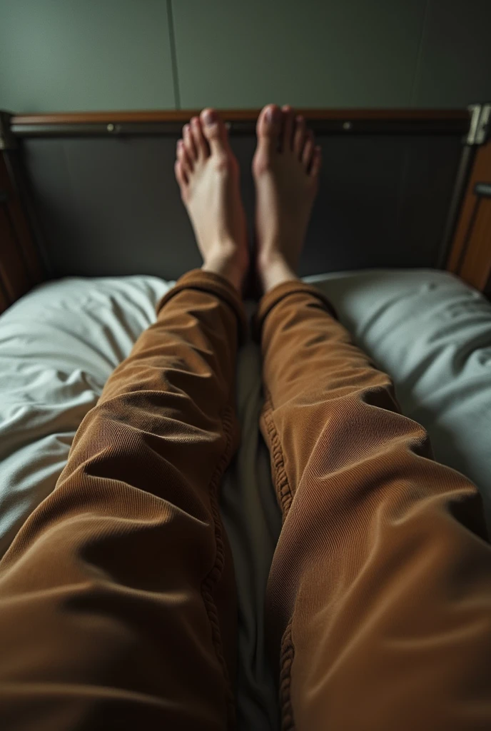 From his point of view, he looks down at his legs and feet, which are hanging over the edge. He’s wearing a brown corduroy pants. His feet are positioned slightly apart, and the bed’s edge is visible, with a metal-like surface running along the side, similar to a bed frame.