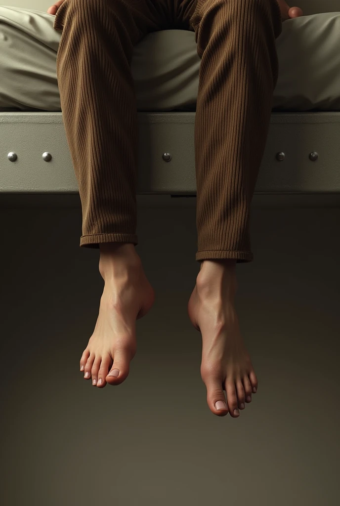 From his point of view, he looks down at his legs and feet, which are hanging over the edge. He’s wearing a brown corduroy pants. His feet are positioned slightly apart, and the bed’s edge is visible, with a metal-like surface running along the side, similar to a bed frame.