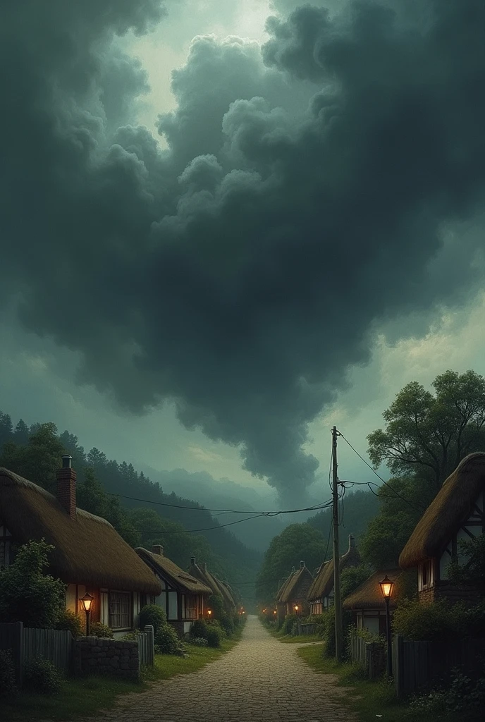 A stormy sky darkening over the cozy village, reflecting the tragedy.**