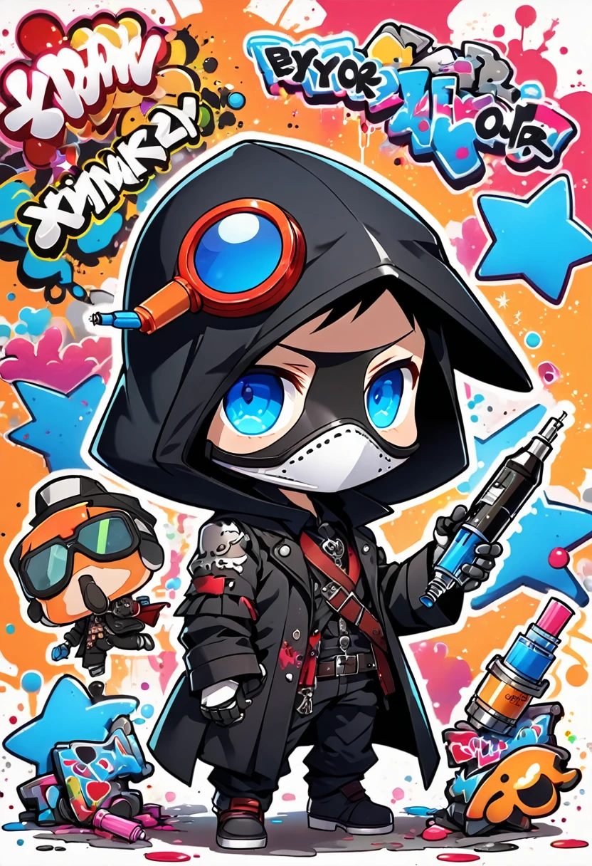 ((graffiti:1.5), (crayon:1.3), (extremely bad drawing:1.5)), white background,
(syringe,guns, star, graffiti on my face),
( chibi, chibi anime, spoken musical text),BREAK chibi-boy,(wearing plague-doctor costume,(plague-doctor mask)),goggles glow blue,black hood and lab-coat, mecha arm,