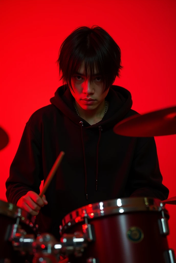 20 year old Japanese male teenager with black hair and emo hair wearing a black hoodie playing drums ,HD,4k,realistic,afternoon,Full Body Angle, Red background, face looking at the camera with a cold gaze