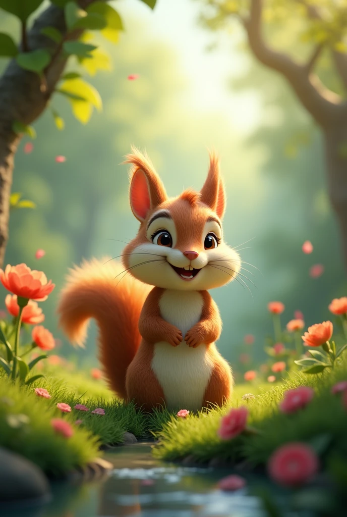 "Sammy the squirrel smiling with contentment, looking around at the now plentiful and vibrant forest, happy with the wish he made