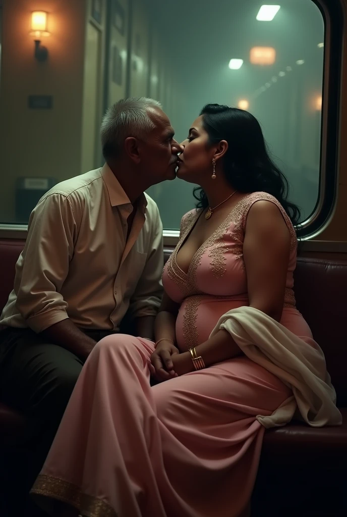 Photo of a Voluptuous Indian Girl, wearing tight Pink Kurti and White Stole tied around her neck, Wide U Cut cleavage, Showing huge cleavage, sitting in a train and turning her head and kissing a Old Man Sensually, Dim light in the room.