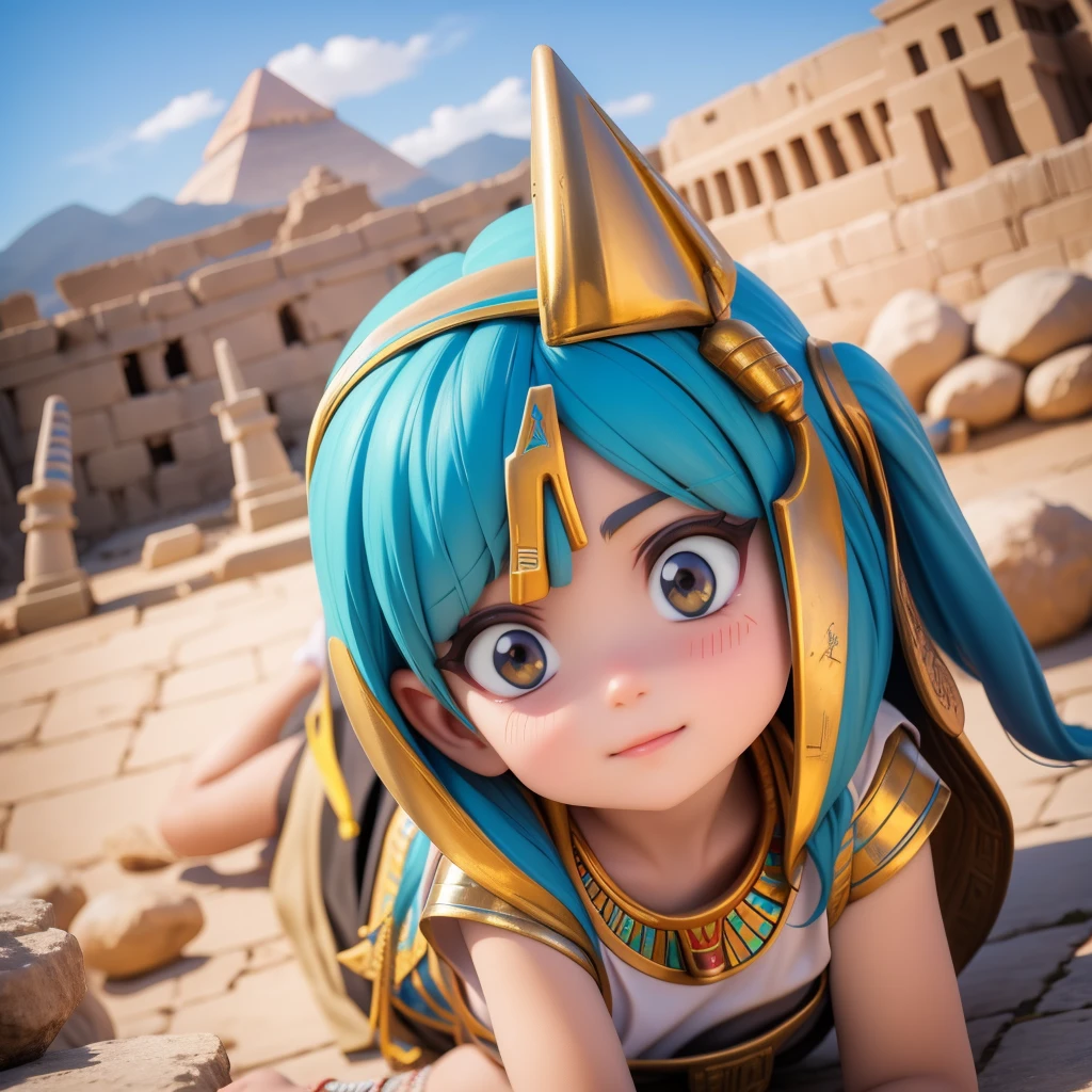 cute ancient Egyptian、A hill overlooking the colorful temples of ancient Egypt、A colorful view of the whole city