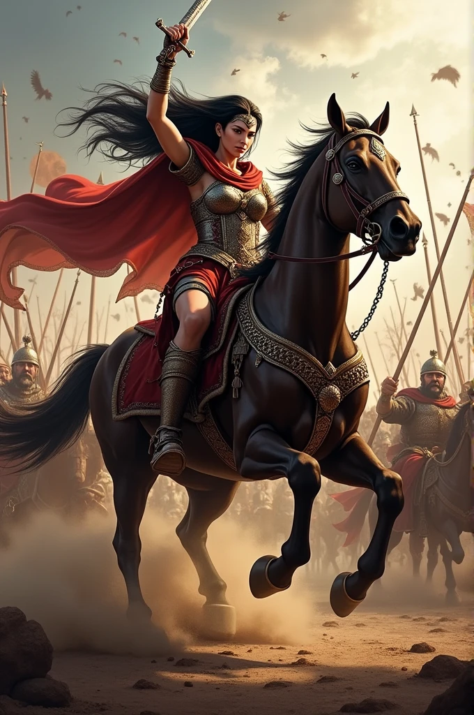 Tomyris, warrior, leader, winner, with long dark hair, slanted eyes, riding a horse