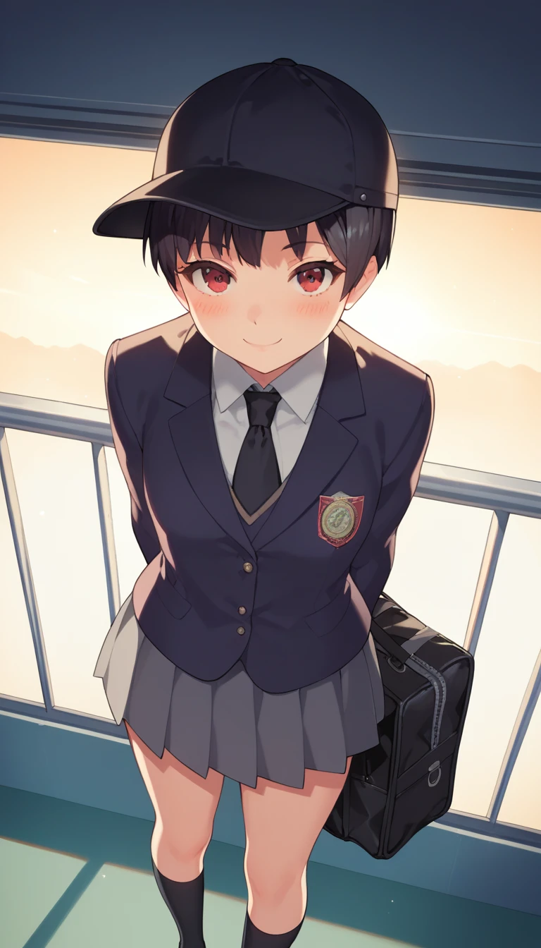 score_9, score_8_up, score_7_up, source_anime, best quality, amazing quality, very aesthetic, 1girl, red eyes, wariza, short hair, pixie cut with layers, black hair, portrait, blazer, starshadowmagician, solo, 1 girl, best perfect anatomy, thin, curvy body, flat breasts, close up shot on person, a girl showing happy, smile, blush, super high angle from below, looking at viewer, Hide your arms behind your back, standing pose, high school, black baseball cap, uniform, blazer, sweater vest, black necktie, gray skirt, black long socks, Wearing a school hand bag, dynamic angle. perfect dynamic composition, foreshortening, night days, volumetric lighting, Detailed background, Cinematic lighting, Sunlight, Waiting train, train station, Stand on the platform,