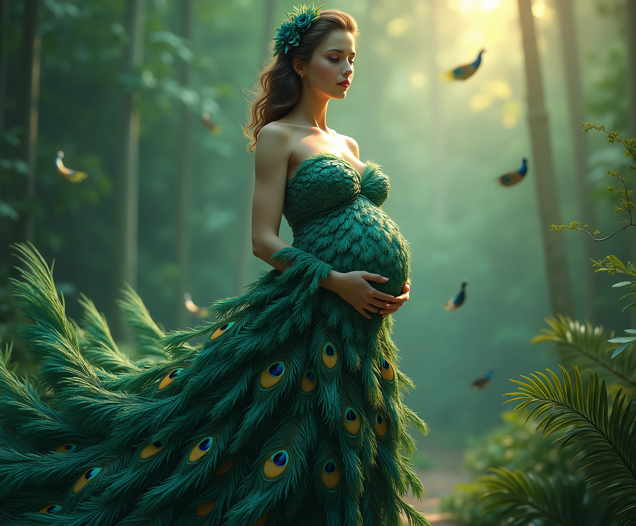 Make a realistic peacock feather dress humanoid features of a pregnant woman, full body shot dress should be look like make peacock feather . hig hress image . green background peackock freather in background , light come from right side dreammy effect