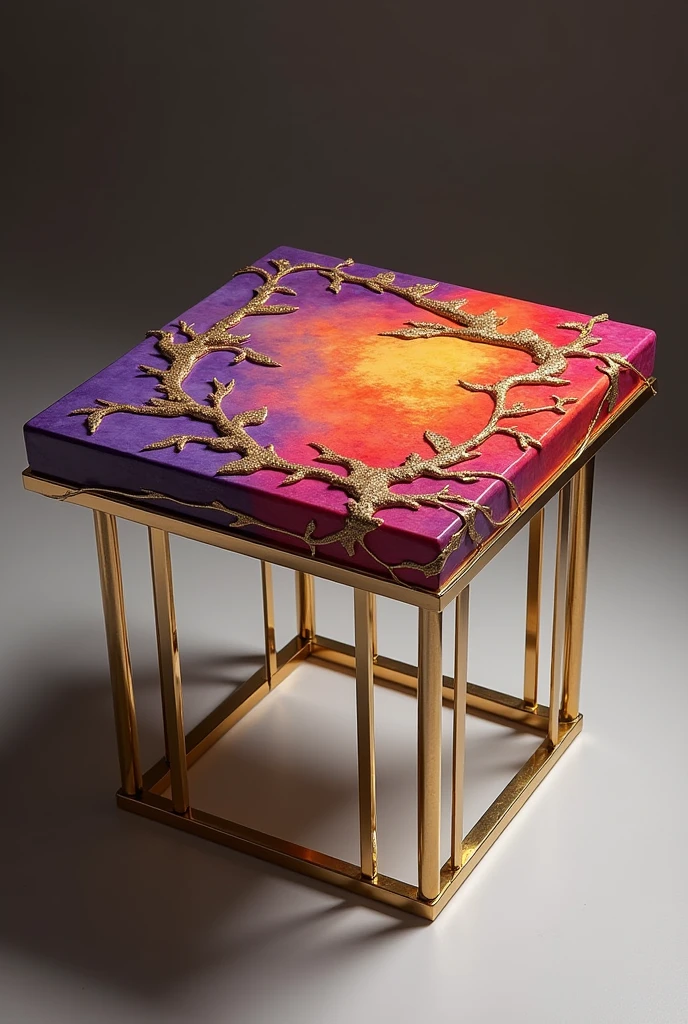 Small square table, ideal for serving coffee, completely covered with a layer of Decostucco material in shades of violet, purple, bright red, and warm yellow.. The surface is decorated with delicate gold leaves intertwined like veins, with a randomly placed shiny gold ribbon wrapping around the base of the table for a luxurious touch..
The table legs come in the form of thin golden tubes, distributed on the four corners of the table.. In each corner, there are eight thin gold tubes, arranged in an elegant style that adds beauty and elegance to the design, so that the table gives a harmonious and unique look.