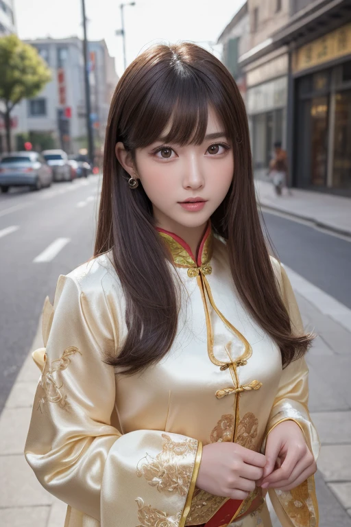One Girl, (A beauty girl, Delicate girl:1.3), (, Gal:1.3),
break, (Chinese National Costume:1.3),
break, Very fine grain definition, (Symmetrical eyes:1.3),
break, (Street view:1.2),
break, Small breasts, Brown eyes, Parted bangs, Brown Hair,  ,
break, (Eye and facial details:1.0),
break, (masterpiece, Highest quality, Super detailed, Detailed face, 8k)