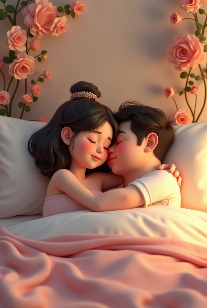 a couple in romantic in bed girl age18 chubby face and boy age is 24 chubby and dark brown create realistic 3D and high resolution HD work. cute flowers background.