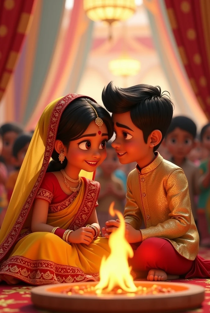 Make two pixar cartoons. They are getting married. Bride is wearing a yellow saree with red border and has a veil on her head. Groom is wearing a golden kurta. He is applying sindoor on brides head. They are in love. They sre sitting in a mandap. There are weddings guests around. Theres a holy fire in front of them. Make it a very spiritual and happy event