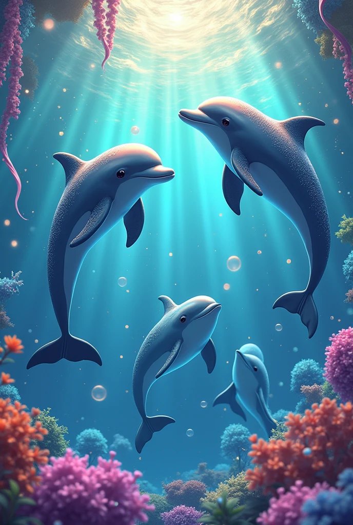 Photo with dolphins in it's wolrd with much glitter and everything rainbow bunt