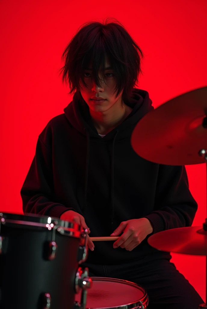 20 year old Japanese male teenager with black hair and emo hair wearing a black hoodie playing drums ,HD,4k,realistic,afternoon,Full Body Angle, Red background, face looking at the camera with a cold gaze