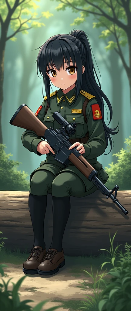 (ponytail forehead hair pulled back:1.3), black hair, anime style, girl in uniform holding a rifle sitting on a log, from girls frontline, fine details. girls frontline, anya from spy x family, girls frontline universe, girls frontline style, girls frontline, girls frontline cg,
