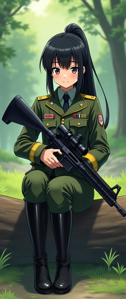 (ponytail forehead hair pulled back:1.3), black hair, anime style, girl in uniform holding a rifle sitting on a log, from girls frontline, fine details. girls frontline, anya from spy x family, girls frontline universe, girls frontline style, girls frontline, girls frontline cg,
