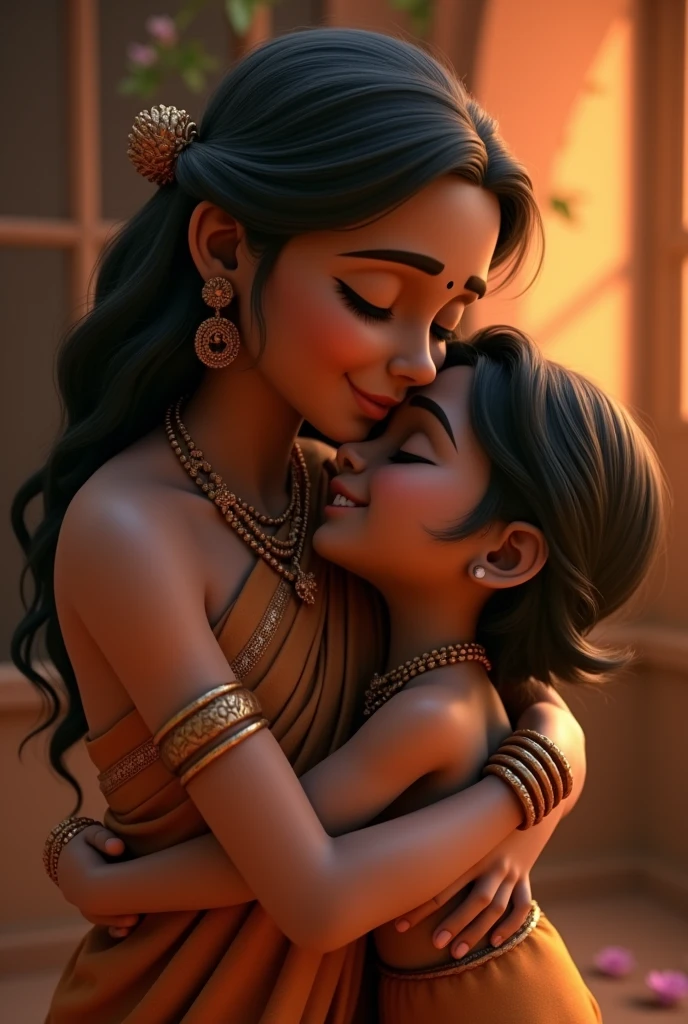 Create incinematic 3d image "• Yashoda’s emotional reaction: Yashoda holding Gopi close, tears of happiness in her eyes, as she kisses him on the forehead.