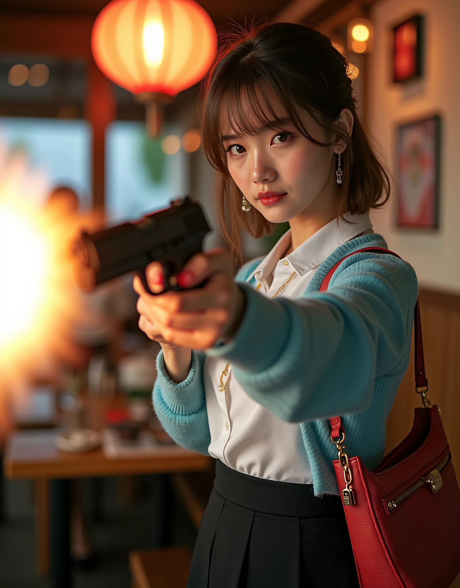 Zoom up Hand, index finger pull Triger, fire ball , looking fire., Side view, ((Hold the a gun with both hands)), shooting target, standing pose , hold a Luger P-08, front sushi restaurant , noon , Japanese Girls ,(20-year-old),( Beautiful Eyes, Light brown straight short hair, fringe, Faint lips),(earring, neckless) (C cup breasts, wide hip) ( Black bra, and Black paneity stockings), (White Shirt, sky blue seater, Black miniskirts), black HI heal) , Louis Vuitton Red shoulder-bag, lady's watch of Seiko, (masterpiece, highest quality, High resolution, Photo realistic, sharp, RAW Photos, 8k wallpaper, perfection, Professional Lighting, Very detailed)