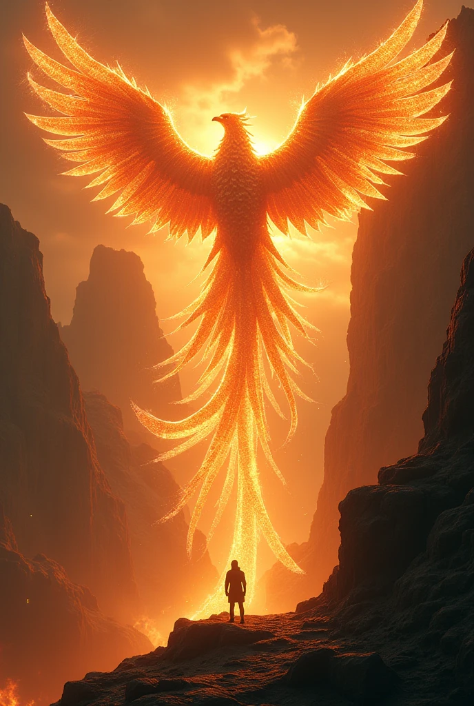 a super massive colossal phoenix standing at the top of a cliff, a man looks up to the phoenix, phoenix is illuminating brightly from his fiery body, camera view from below, POV shot, camera barely contain the whole phoenix, sunshine, very bright lighting