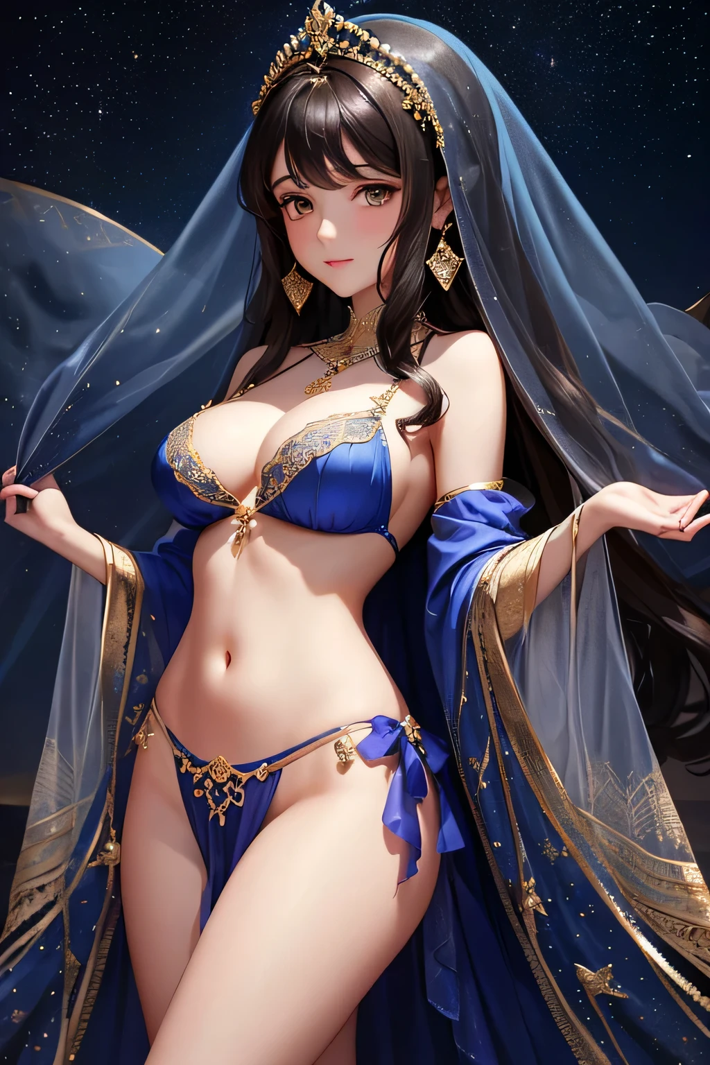"A beautiful Middle Eastern princess with dark brown curly hair, Layla of Sheherazade, is wearing an exquisite lingerie set made of deep blue silk, adorned with silver embroidery depicting stars and moons. The delicate and lightweight fabric drapes gracefully over her form, reflecting the mysterious and exotic aura of the Sheherazade Kingdom. The lingerie is both sensual and elegant, enhancing her allure while capturing the serene beauty of the night sky in her homeland. The soft silk and celestial designs make her appearance both enchanting and regal."