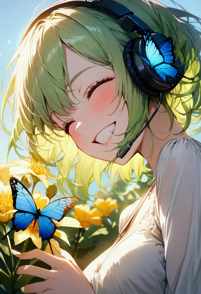 Yellow-green hair color,woman,Flower,butterfly, Cinema Lighting, (masterpiece:1.2), 最high quality, high quality, High resolution, (Super detailed), Detailed Background, One person,headphone,smile,Light background,blue sky,Have fun and laugh,Close your eyes,