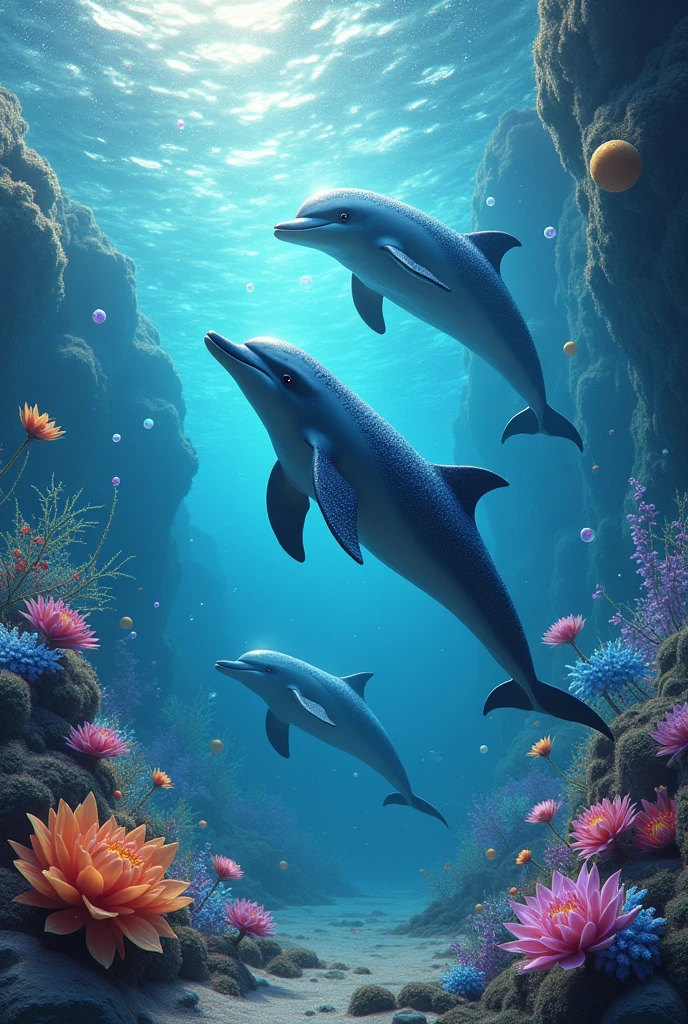 Photo with dolphins in it's wolrd with much glitter and everything rainbow