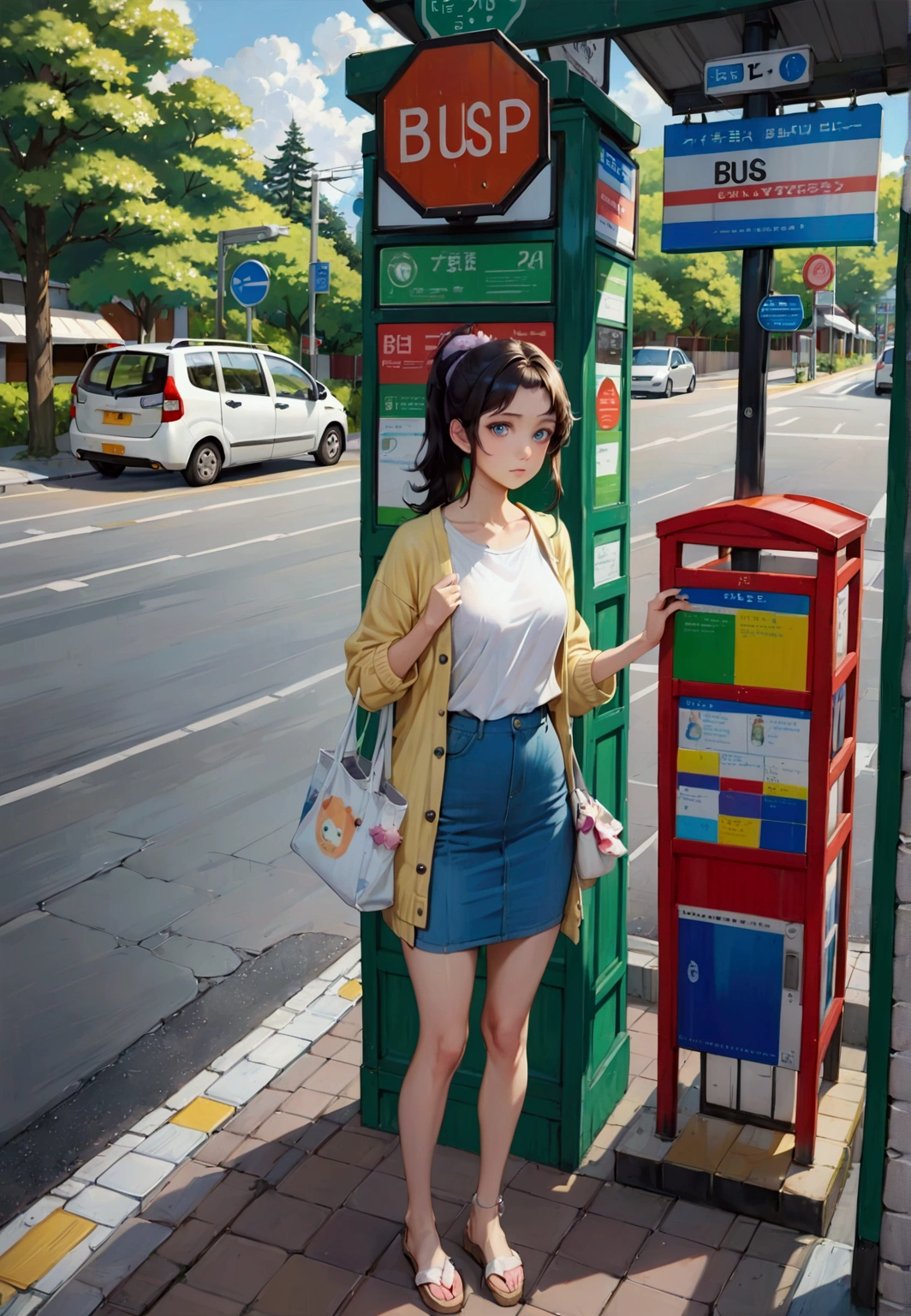 realistic anime illustration of pretty young woman is waiting at bus stop sign, looking at viewer, front view, she has black ponytail, wearing pastel yellow cardigan, t-shirt, denim pencil midi skirt, and white tote bag, (1girl, solo, full body), (masterpiece, best quality, japanese anime style), (expressive eyes, perfect face)