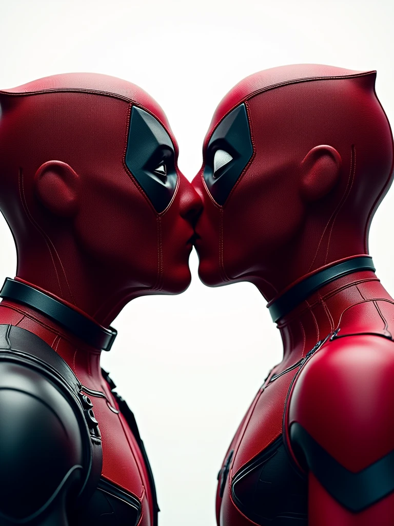close up scene of Deadpool Kissing Spider-Man with their masks on. Very detailed. Strong white studio Lighting from the background