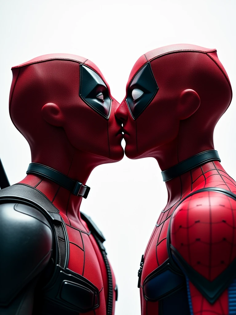close up scene of Deadpool Kissing Spider-Man with their masks on. Very detailed. Strong white studio Lighting from the background