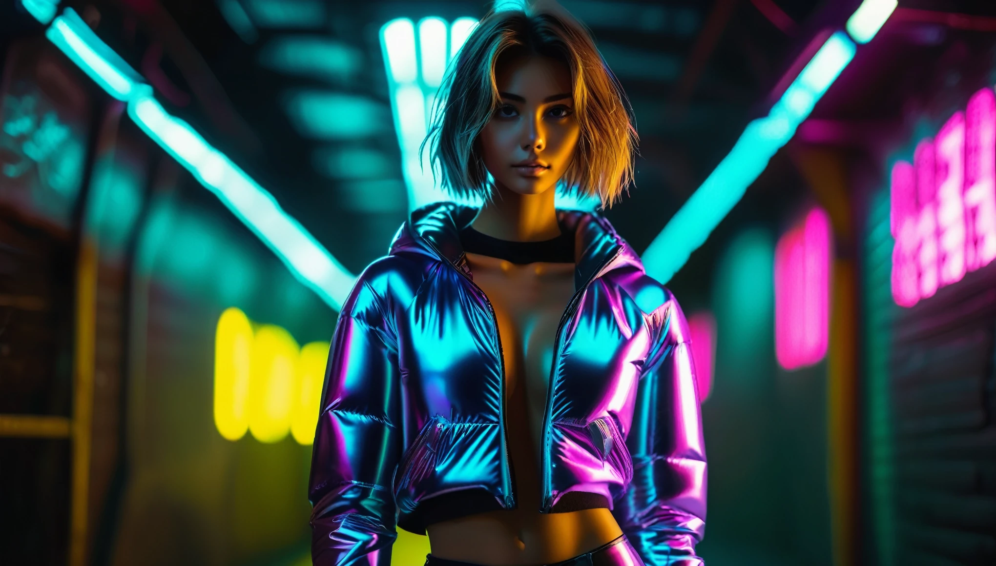 8k, high resolution, masterpiece, ultra-detailed, full body shot, (((cute tanned barely legal girl in sheer rubber blouse and leggings, shiny puffer jacket, wide neckline, deep neckline, random neon color))), (small perky breasts, small hips, detailed face, seductive expression, long random hair, some tattoos), in a dark dungeon, moody atmosphere, random dramatic and neon colors, intricate details, dim light from behind, look from behind, at night, backlit, random pose, (((full body shot from the side)))