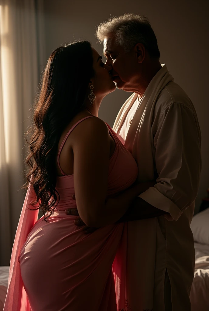 Photo of a Voluptuous Indian Girl, wearing tight Pink Kurti and White Stole tied around her neck, Wide U Cut cleavage, Showing huge cleavage, lying on Bed and turning her head and kissing a Old Man Sensually, Dim light in the room.