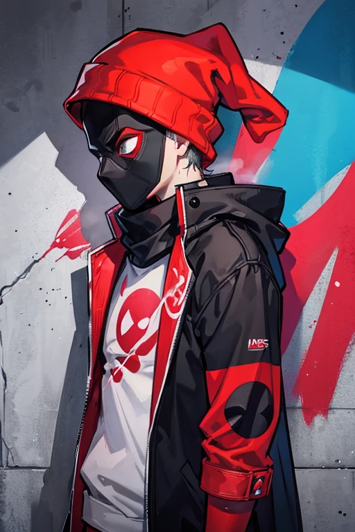 Deadpool in a coat with a beanie spray painting graffiti on a wall