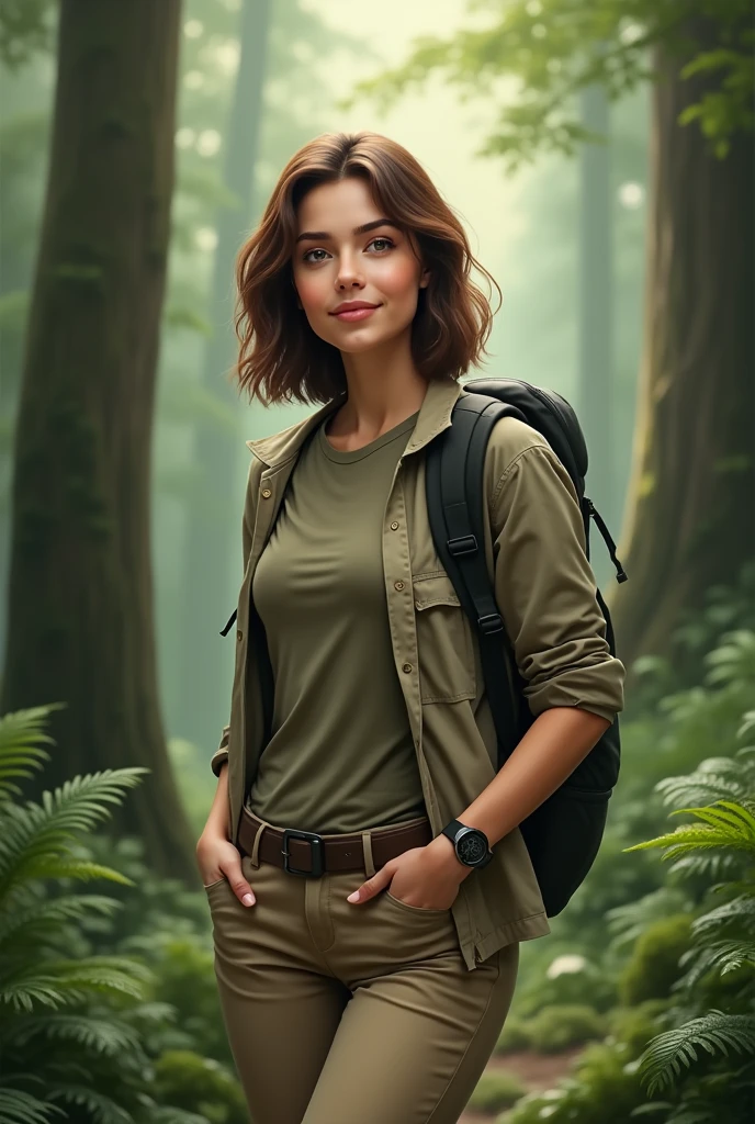 A realistic portrait of a young brunette woman in her twenties, in the middle of a dense, green forest. Her shoulder-length, slightly wavy hair falls freely around her face, with a few strands slightly mussed by the cool forest air. She wears a casual hiking outfit consisting of a khaki cotton t-shirt, sturdy beige hiking pants, and a light olive-colored jacket. A small black backpack is placed on her shoulders, and you can see the adjusted straps hugging her shoulders slightly. Her face, with delicate and natural features, is slightly pink from the effort and the fresh air. His brown eyes are lively, looking around with curiosity and wonder. She smiled softly, an expression of contentment visible on her lips. His hands rest lightly on the straps of his backpack, and you can see a hiking watch on his wrist. The background is filled with majestic trees with thick trunks, lush ferns and rays of sunlight piercing through the canopy, creating a peaceful and natural atmosphere.
