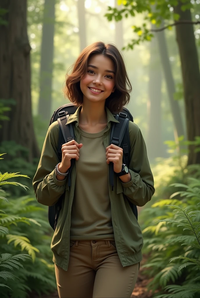 A realistic portrait of a young brunette woman in her twenties, in the middle of a dense, green forest. Her shoulder-length, slightly wavy hair falls freely around her face, with a few strands slightly mussed by the cool forest air. She wears a casual hiking outfit consisting of a khaki cotton t-shirt, sturdy beige hiking pants, and a light olive-colored jacket. A small black backpack is placed on her shoulders, and you can see the adjusted straps hugging her shoulders slightly. Her face, with delicate and natural features, is slightly pink from the effort and the fresh air. His brown eyes are lively, looking around with curiosity and wonder. She smiled softly, an expression of contentment visible on her lips. His hands rest lightly on the straps of his backpack, and you can see a hiking watch on his wrist. The background is filled with majestic trees with thick trunks, lush ferns and rays of sunlight piercing through the canopy, creating a peaceful and natural atmosphere.