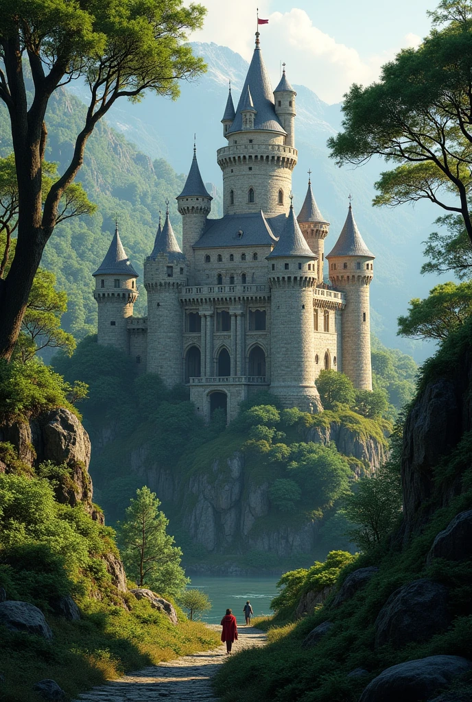 A highly detailed Monaco castle with Sherwood Forest in the background 