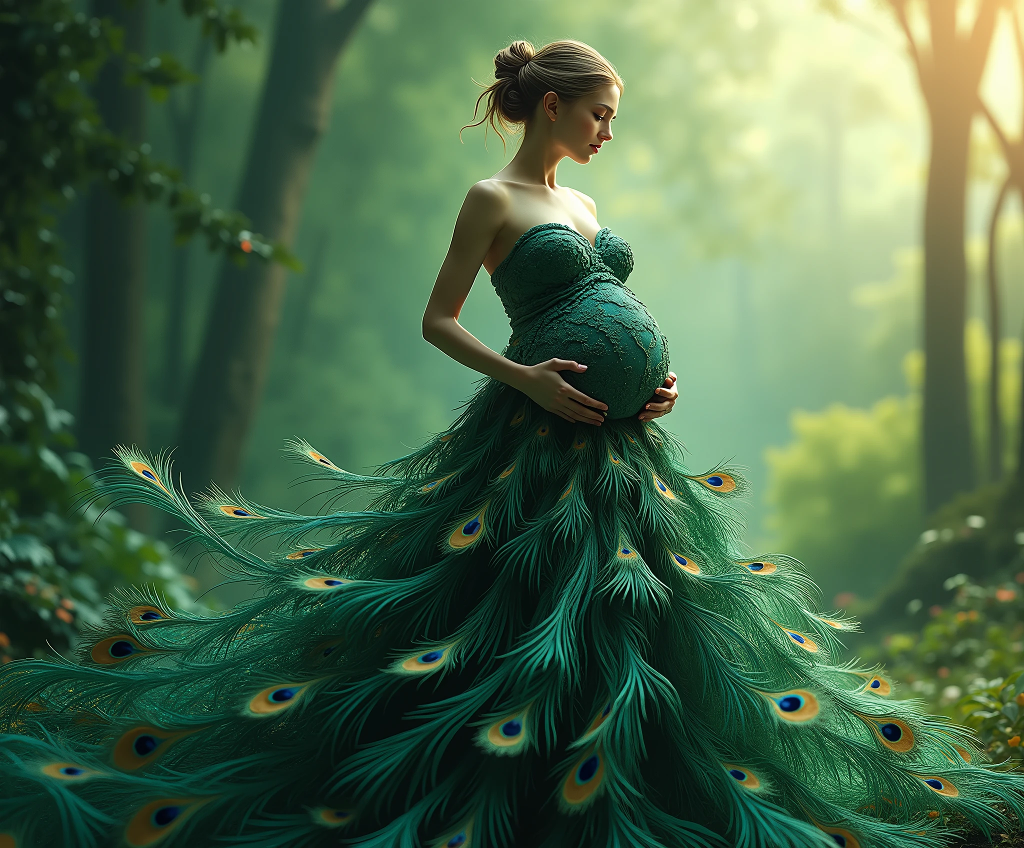 Make a realistic peacock feather dress humanoid features of a pregnant woman, full body shot dress should be look like make peacock feather . hig hress image . green background peackock freather in background , light come from right side dreammy effect