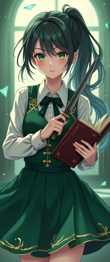 there is a girl holding a knife and a book in her hands, anime style, 1girl, magical school student uniform, magic school uniform, seifuku, ornate dark green clothing, dark green dress, white shirt and green skirt, girl wearing uniform, she wears a dark green dress, (ponytail forehead hair pulled back:1.3), from girls frontline, fine details. girls frontline, girls frontline universe, girls frontline style, girls frontline, girls frontline cg,