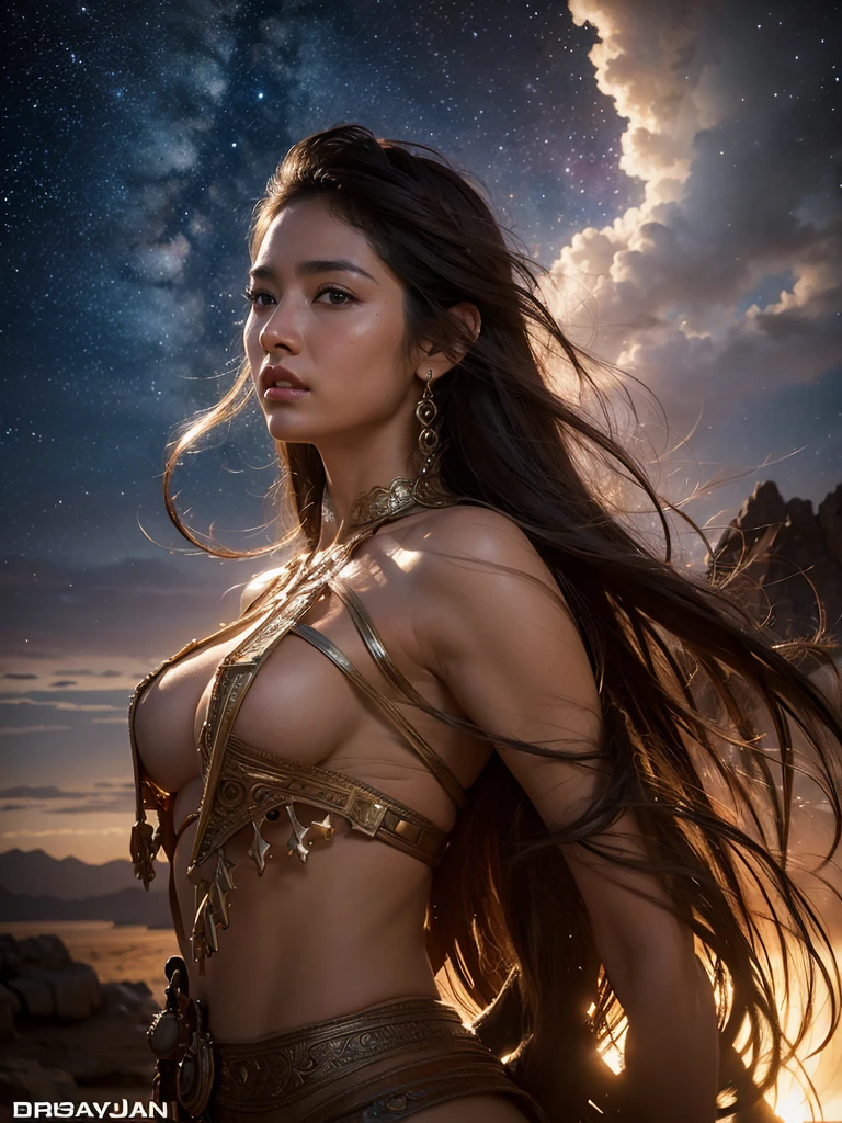 Photo, 8k portrait of a beautiful Mayan woman , brown skin ,with brown hair, translucent white dress,, very detailed, majestic, dramatic movement. arte de artgerm y ruan jia y greg rutkowski pintura surrealist obra maestra, side lighting, beautiful finely detailed eyes: 1.2, HdR, realist, High Definition. Fantasy art style, Boris Vallejo. night sky